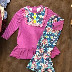 RICRAC & RUFFLES PURPLE & TEAL FLORAL DRESS SET RUFFLE PANTS EUC 24 MONTHS